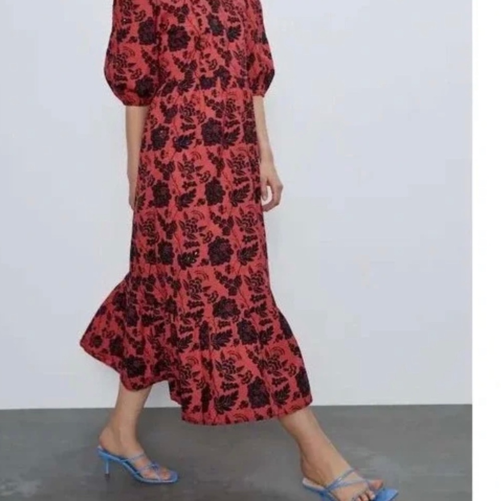 zara red floral tiered dress